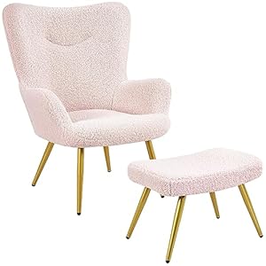 Yaheetech Accent Chair and Ottoman Set, Sherpa Armchair with Golden Metal Legs and High Back, Footstool for Living Room, Lounge, Pink