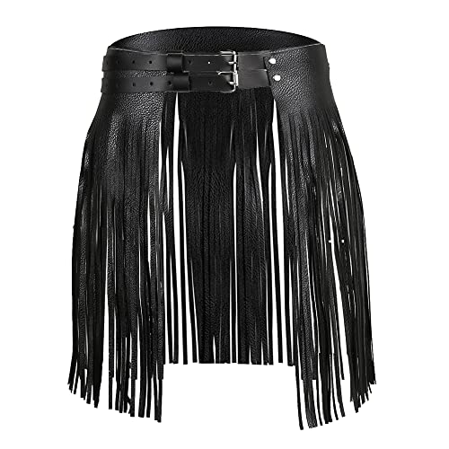 Hayaww Ceinture à Franges En Cuir, Jupe à Franges Pour Femme Jupe à Franges En Cuir Mini Jupe à Franges Taille Haute Ceinture DéCorative Pour Jeans Pour Festival, FêTe, Club (Noir) Cover