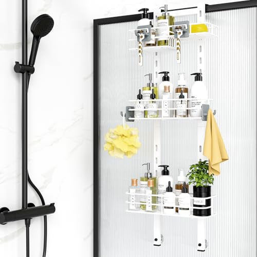 ODesign Duschregal, zum Einhängen an der Tür, 3 Ebenen, verstellbar, mit Seifenhalter und 4 Haken, rostfreier Badezimmer-Dusch-Organizer mit Saugnapf, für Shampoo, Rasierer, Weiß