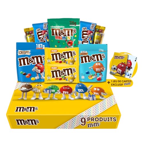 M&M's - Coffret Cadeau - Assortiment Gourmand 9 Produits Variés + 1 Jeu de cartes M&M's Exclusif | Chocolats, Biscuits, Crispy, Peanut, Caramel Salé & Minis...