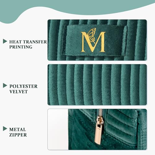 COSHAYSOO Personalized Unique Gifts for Women Birthday Anniversary Wife Girlfriend Initial Quilted Makeup Bag Green Make Up Cosmetic Travel Velvet Skin Care Lip Liner Gloss Brush Organizer Letter M3