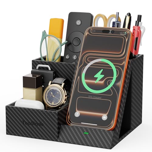 TopMade Wireless Charger Nightstand Organizer, Multi-Functional Pen/Pencil/Remote Holder for Desk, Leather Desktop Organizers, Home Office Supplies Fast Phone Charging Stand, Black Carbon Fiber