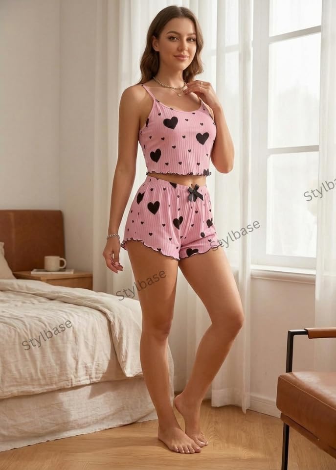 Image of Stylbase Babydoll Stylish Women Pajama Set Lingerie Night Suit Above Knee Soft Floral cami Shorts Pyjama Set with Lace Trim, Ideal for Nightwear or Lounging, Comfy (Upto L)