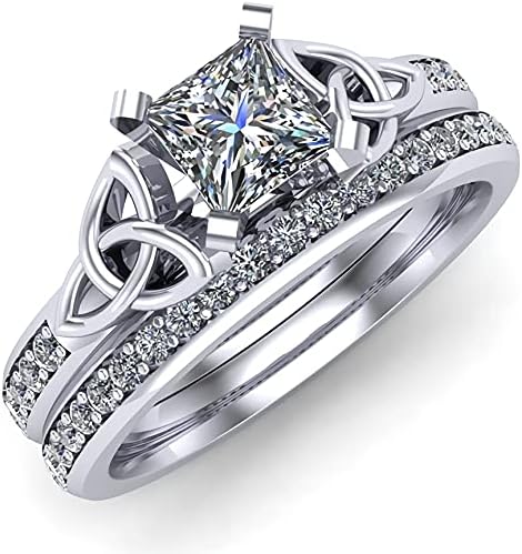 Engagement Ring for Women Bridal Ring Set 1-2/5 ct. tw. Princess Cut Moissanite or Lab Grown Diamond Engagement Ring Set 10K 14k 18K Gold Celtic Wedding Ring Set for Her Anniversary Promise Rings
