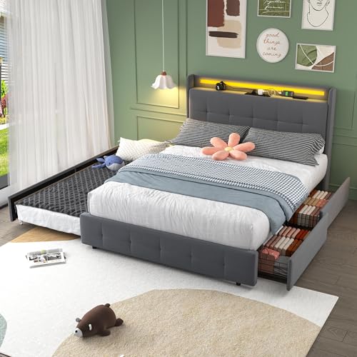 Pawom Cama doble 160 x 200 cm con cabecera recargable USB, cama nido con iluminación LED, 2 cajones, cama acolchada con almacenamiento, somier de madera de madera, gris