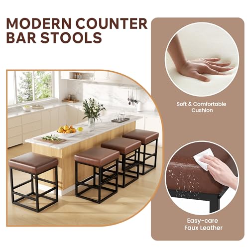 Image of Bar Stools Set of 4, 24in Counter Height Barstools, Faux Leather Counter Stools with Thick Square Seats & Sturdy Metal Base, Modern Bar Chairs for Kitchen Island (Dark Brown)