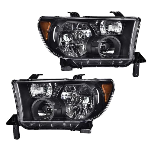 Image of GRAND ORANGE Headlights Assembly Compatible with 2007-2013 Toyota Tundra /2008-2017 Toyota Sequoia Driver & Passenger Side Clear Lens Black Housing 811100C051 811500C051 TO2503171 TO2502171
