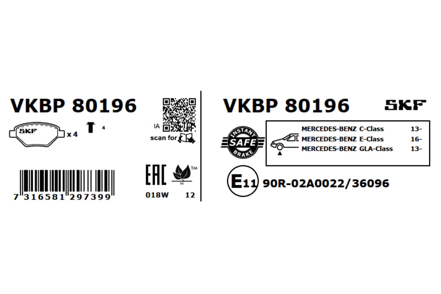 SKF Fren Balatası Ön Mercedes-Benz C Serisi C 160 15, C 180 14, C 200 13-18, C 250 14-18, C 300 15-18, C 350 E 15-18, C 200 D 15, C Serisi T-Model C 160 15 Vkbp 80196 - Vkbp 80196