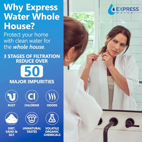 Express Water Whole House Water Filter System - 3-Stage Water Filtration System with Sediment, GAC & Carbon Filters - Reduce Chlorine - Clean Drinking Water - Stainless Steel - Water Pressure Gauge