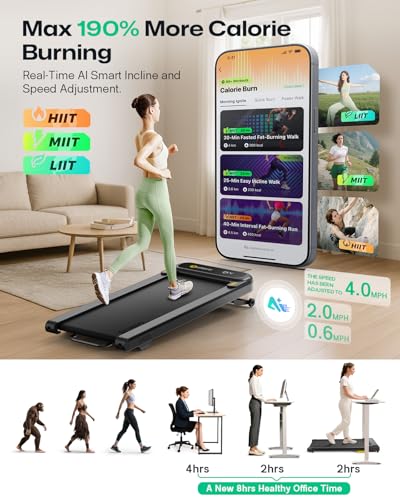 Image of Smart Treadmill with 9% Auto Incline, Hiking and Running Walking Pad Treadmills for Home Office, Treadmill with UREVO APP, AI Powered Music Course, HIIT Programs Synced to Scenic Route, One-Click Mute