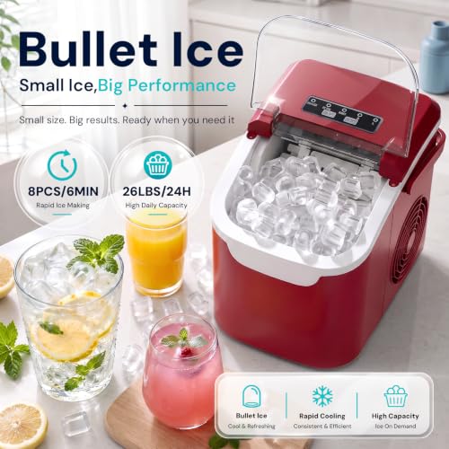 Image of Kismile Countertop Ice Maker Machine, 26Lbs /Day Fastest 6‑Min Ice | 8 bullet ice in 6min, 2 sizes, energy-saving, portable mini, with handle,basket,scoop. Home /bar /RV /camping /office.Red