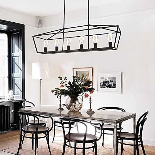 Vinluz Linear Contemporary Kitchen Island Lighting In Black Finish,6 Light Farmhouse Rectangular Chandelier Metal Hanging Pendant Light For Dining Room Bar Restaurant #TOP2