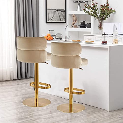 Adeade Velvet Swivel Adjustable Heigh Bar Stools Set Of 2 Kitchen Island Heigh Bar Chairs With Backs Counter Height Bar Stools Gold Legs Round Upholstered Seat For Pubs, Breakfast Restaurant (Khaki) #TOP4