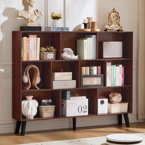 LEYAOYAO 10 Cube Bookshelf, 3 Tier Vintage 55" Wide Bookcase with Legs, Mid-Century Wood Bookshelves Storage, Walnut Large Book Case, Freestanding Organizer Display Shelf for Living Room, Of