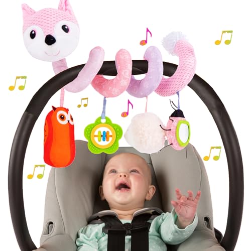 Image of Car Seat Toys for Babies 0-6 Months, Infant Activity Spiral Car Seat Toys 6-12 Months Hanging Stroller Toys Crib Toys for Baby 0-6 Months with Musical Sheep Rattles Owl Teether - Pink Fox