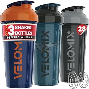 VELOMIX -3 PACK- 28 oz Protein Shaker Bottle for Protein Mixes – 3x Wire Whisk | Leak Proof Shaker Cups for Protein Shakes | Stackable Protein Shaker Bottle Pack | Dishwasher Safe (ColorBurst Set)