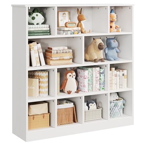 Image of IRONCK Bookcase Cube Storage Organizer White Book Shelf, Wooden 4-Tier Floor Standing Open Cubby Shelves for Home and Office, 12 Cubes Bookshelf, White