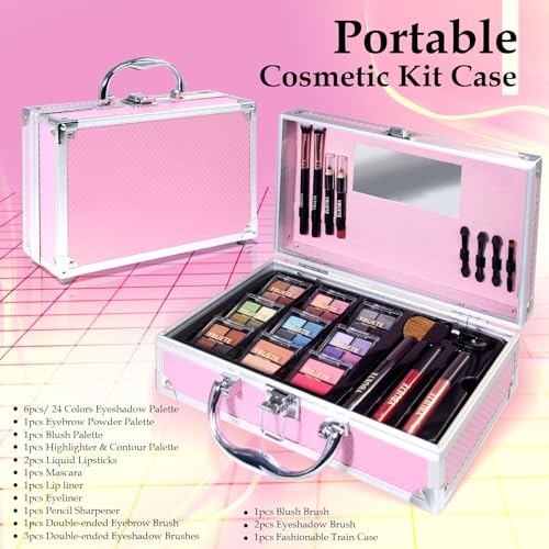 Makeup Kit for Teens, Makeup Gift Set for Girls Women, Beginner Makeup Kit with Cosmetic Train Case Included Eyeshadow Blusher Contour Eyebrow Powder Lip Gloss Lip Liner Mascara Eyeliner – Image 3