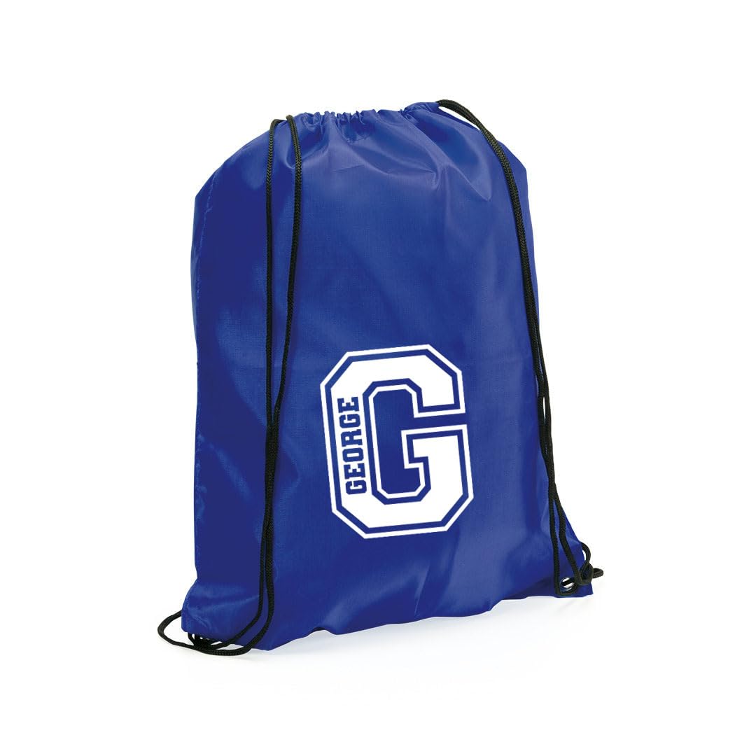 eBuyGB Personalised Monogrammed Drawstring Bag, Initial & Name Kids Backpack, Gym Rucksack, School Sport Bag, Children's PE Kit (Blue)