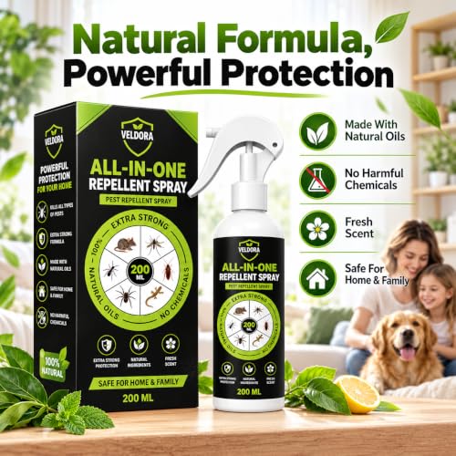 Image of VELDORA All-in-One Pest Repellent Spray (200ml) | 100% Plant-Based Essential Oil Formula | Natural Repellent for Lizards, Ants, Cockroaches & Mosquitoes | Skin-Safe, Baby-Safe, Pet-Safe (PACK = 1)