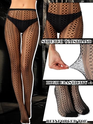 Image of Bencailor 3 Pairs Halloween Women Fishnet Stocking Tight Legging Black Stockings Small Hole Pattern High Pantyhose Waist Lace