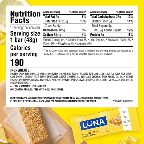 LUNA Bar - LemonZest Flavor - Gluten-Free - 7-9g Protein - 1.69 oz., 6 Bars - image 2