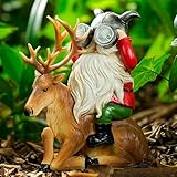 VChymm Garden Gnome Statues Resin Gnome Sitting On Deer Statues Solar Lights Outdoor Telescope Gnome Gifts for Yard, Patio Decor Gift (Deer Gnome)