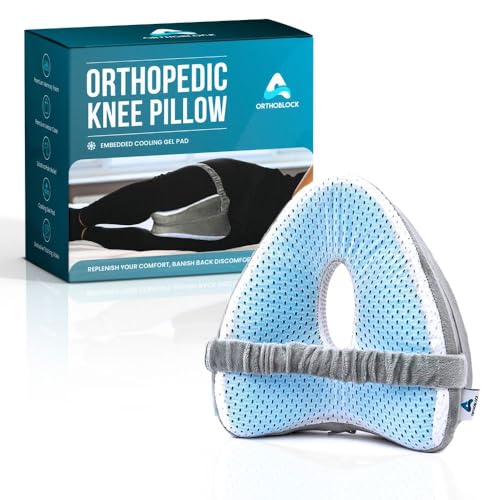 ORTHOBLOCK Almohada de Rodilla con guía de Cuidado de Salud y Bienestar evaluada por Osteopath, Funda de Terciopelo con Almohadilla de refrigeración y Correa de Apoyo para la Rodilla, Almohada de