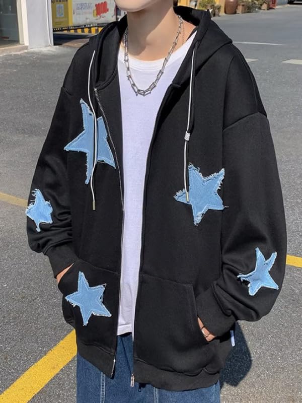 BAIMORE Unisex Vintage Blue Star Patch Drawstring Zipper Hoodie Loose Casual Couple Jacket3