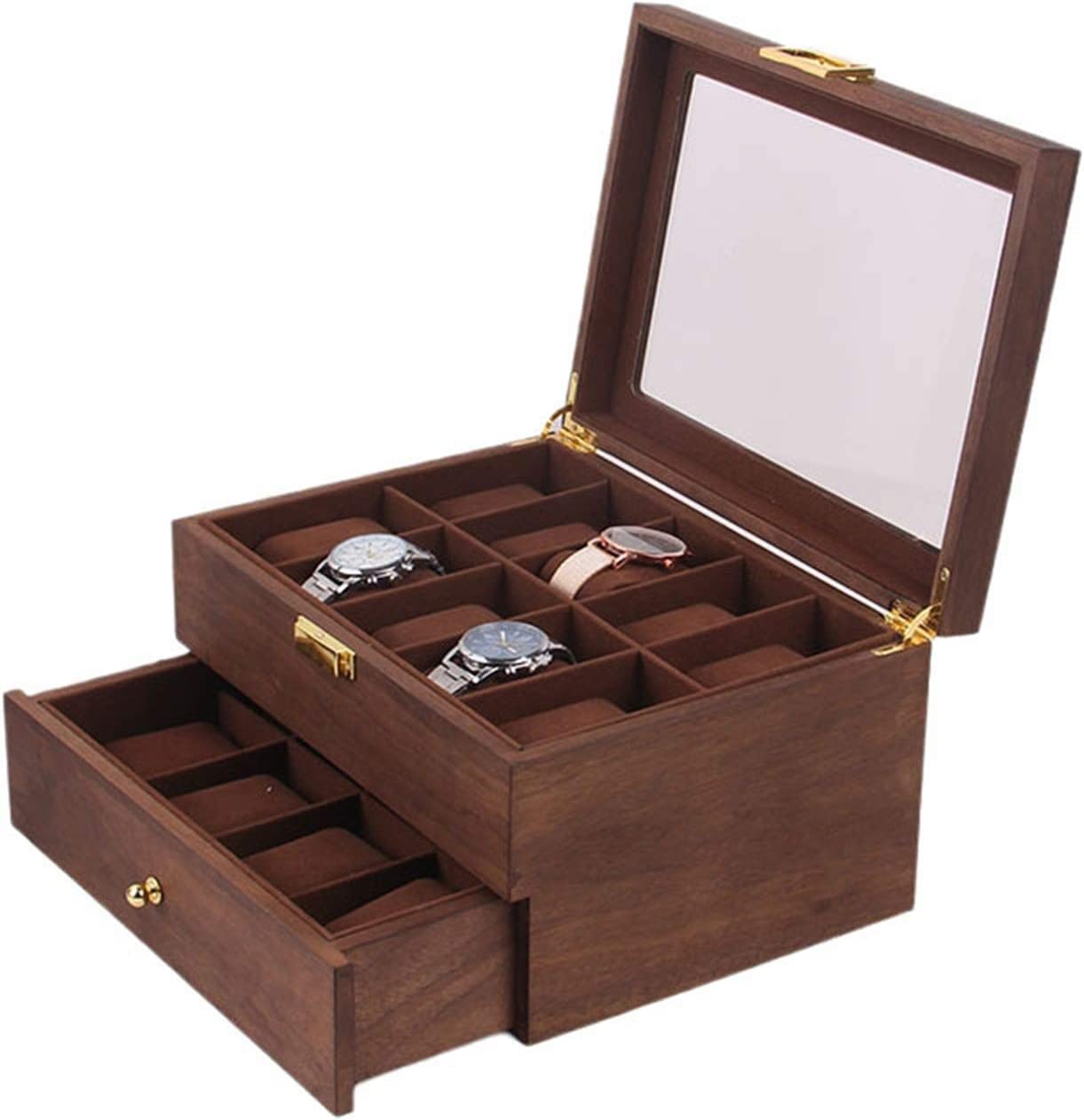 Horlogedoos Horlogebox Dubbellaags Vintage Hout 20 Slots Horloge Opbergdoos Organizer Clear Deksel Afsluitbare Sieraden Vitrine Horlogekast Horloge Case (Blue : Coffee Color, Size : 29 * 21.5 * 15cm