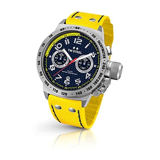 TW Steel Canteen Mens 45 Quartz Watch with Black Dial Yellow Textile Strap, and Date Calendar CS29