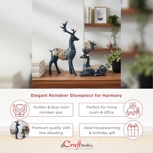 Image of eCraftIndia Resin Reindeer Showpiece for Home Decor Living Room (Pack of 2 Golden Blue) | Vastu Feng Shui Items for Good Luck Gift for Housewarming Birthday