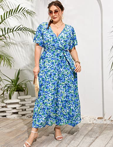 Image of ShopWonder Womens Plus Size V Neck Wrap Maxi Dress High Waist Ruffle Summer Casual Dress with Belt