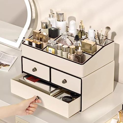 Cosmetic Display Cases Makeup Organizer Large Cosmetic Skincare Holder Display Storage Box, Bathroom Dresser Desk Office Storage Organizer with 3 Drawers and 5 Compartments Cosmetic Storage Box