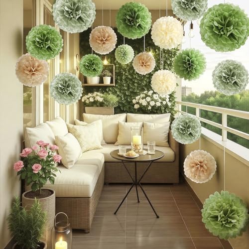Image of Olive Sage Green Tissue Paper Pom Poms Safari Jungle Party Decorations Paper Flowers Decorations Natural Green Boho Hanging Decor for Birthday Baby Shower Bridal Wedding Party Supplies