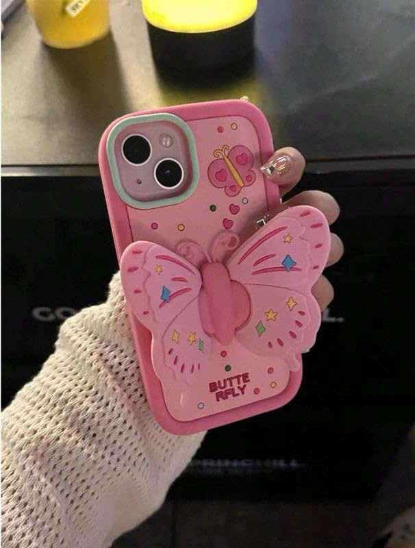 Image of COVERLY for iPhone 15 Pro Max 3D Butterfly Lovely Cartoon Case,Premium Silicone Case Wings with Folding Stand Holder Cool Full Protective Cute Kawaii Aesthetic Cover for Apple iPhone 15 Pro Max