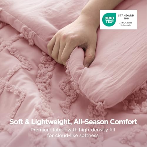 Image of Bedsure Tufted Boho Comforter Set Twin Size - Pink Boho Bed Set, GentleSoft 2 Pieces Farmhouse-Style Embroidery Bedding, Gifts for Woman, Soft Jacquard Twin Comforter for All Seasons
