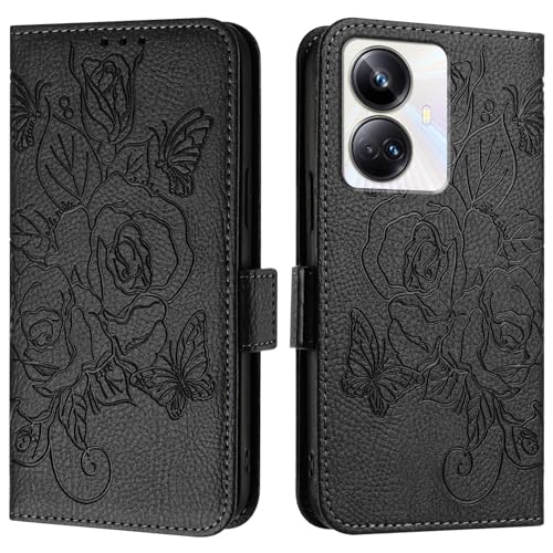 Étui Realme 10 Pro Plus 5G coque fine en cuir PU noir à rabat antichoc avec porte-cartes