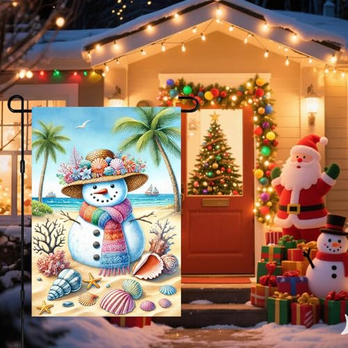 Image of BlissYard Winter Garden Flag Beach Snowman Coastal Scene 12 x 18 Inch