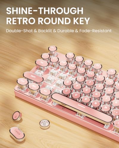 Image of EWEADN Typewriter Style Mechanical Keyboard, Wired Typewriter Keyboards,104 Keys Backlit LED Metal Keyboards, Media Control Knob, Wired Computer Keyboard White Switch for Windows /Mac /PC-Dark Pink