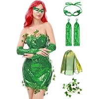 Funna Poison Costume Women Ivy Halloween Outfit 4 Piece with Eye Mask Gloves Cape Green, S