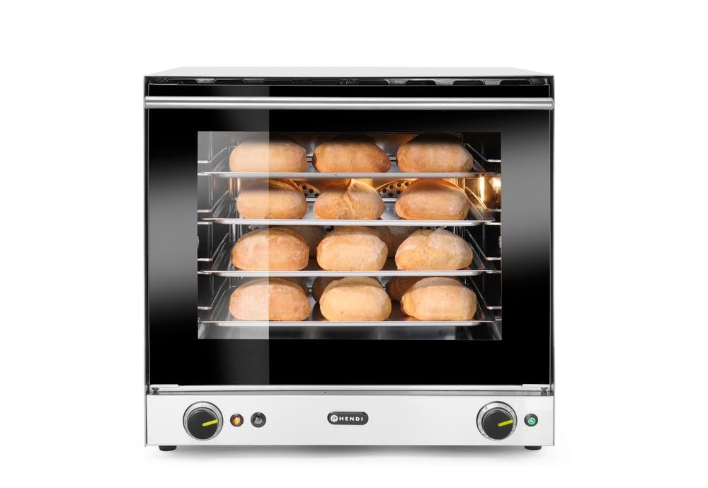 HENDI Forno a Convezione Professionale H90S con Umidificazione Manuale, 2670W, incl. 4 Teglie in Alluminio, 2 Ventole, 50–300°C, Porta Doppio Vetro, 230V, 595x595x(H)570mm, Acciaio Inox