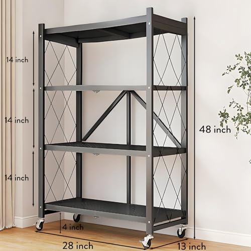 Image of Kitchen Garage Metal Shelves, Storage Shelves Organizer, Foldable Metal Shelving, Closet Shelving Unit, 28 inch W x 14 inch D x 50 inch H Bakers Rack Microwave Stand, Plant Stand with Wheels (4-Tier Shelf)