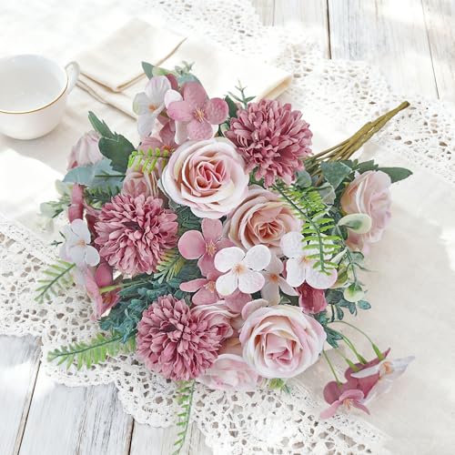 3 BüNdel FrüHlingsdeko Fake Rosen Kunstblumen Wie Echt Seidenblumen Fake Plant Hortensien Kunstrosen Blumenstrauß KüNstliche Rosen Hochzeitsdeko Party Home Schlafzimmer Geburtstag Geschenke Deko