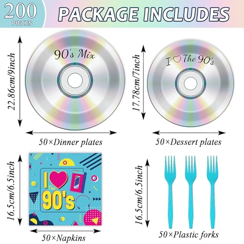 Image of CHUNNIN 200Pcs 90's Party Paper Plates and Napkins for 50 Guests | Durable Paper Material, I Love The 90s Theme Birthday Party, Disposable Dessert Tableware, 90's Mix CD Party Decorations