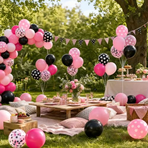 Image of TONIFUL 100 Pack Black and Pink Polka Dot Latex Balloons for Girl's Birthday Bachelorette Bridal Baby Shower Graduation Engagement Girls Night Rock Party Decor