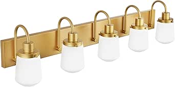 Yaohong 5-Light Bathroom Light Fixtures, Gold Bathroom Vanity Lights with Milky Glass Shades ...