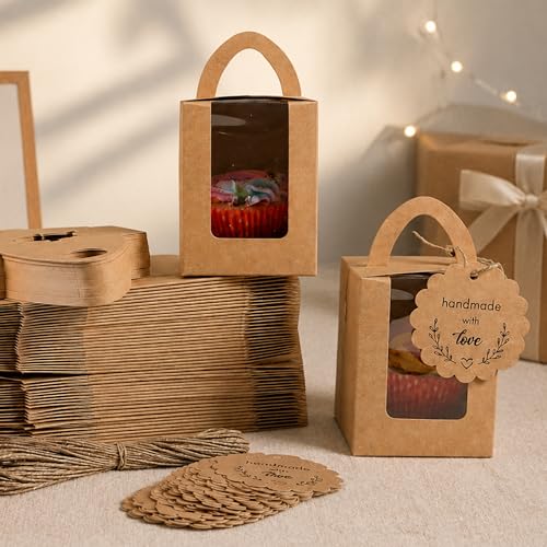 Image of mudrit Kraft Cupcake Boxes (Pack Of 50, Single Cupcake Carrier With Window, Insert And Handle For Pastry, Muffins, Cookies, Macaroons, Bakery | Party Favor Packing (Cardboard, Brown)