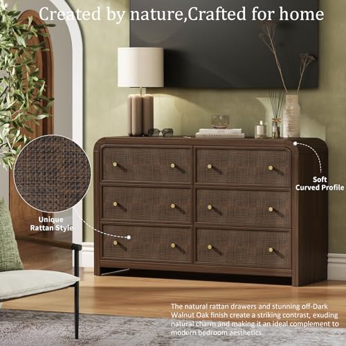 Image of Oak&Sparrow 6 Drawer Dresser for Bedroom, 49'' Rattan Dresser with Ample Storage, Boho Chest of Drawers, Thickened Curved Profile Design, Dark Walnut Dressers for Bedroom, Living Room