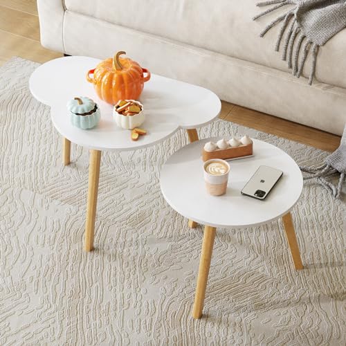 Image of BAMEOS Bamboo Nesting Triangle End Table,Set of 2 Coffee Table Modern Minimalist Side Table for Living Room, Balcony in Cloud White
